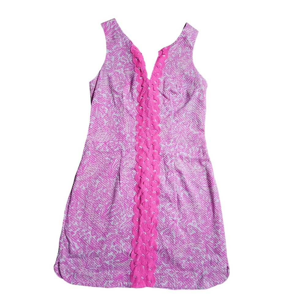 Lilly Pulitzer Floral Seersucker Shift Dress Crochet Trim 6 Coastal Barbiecore